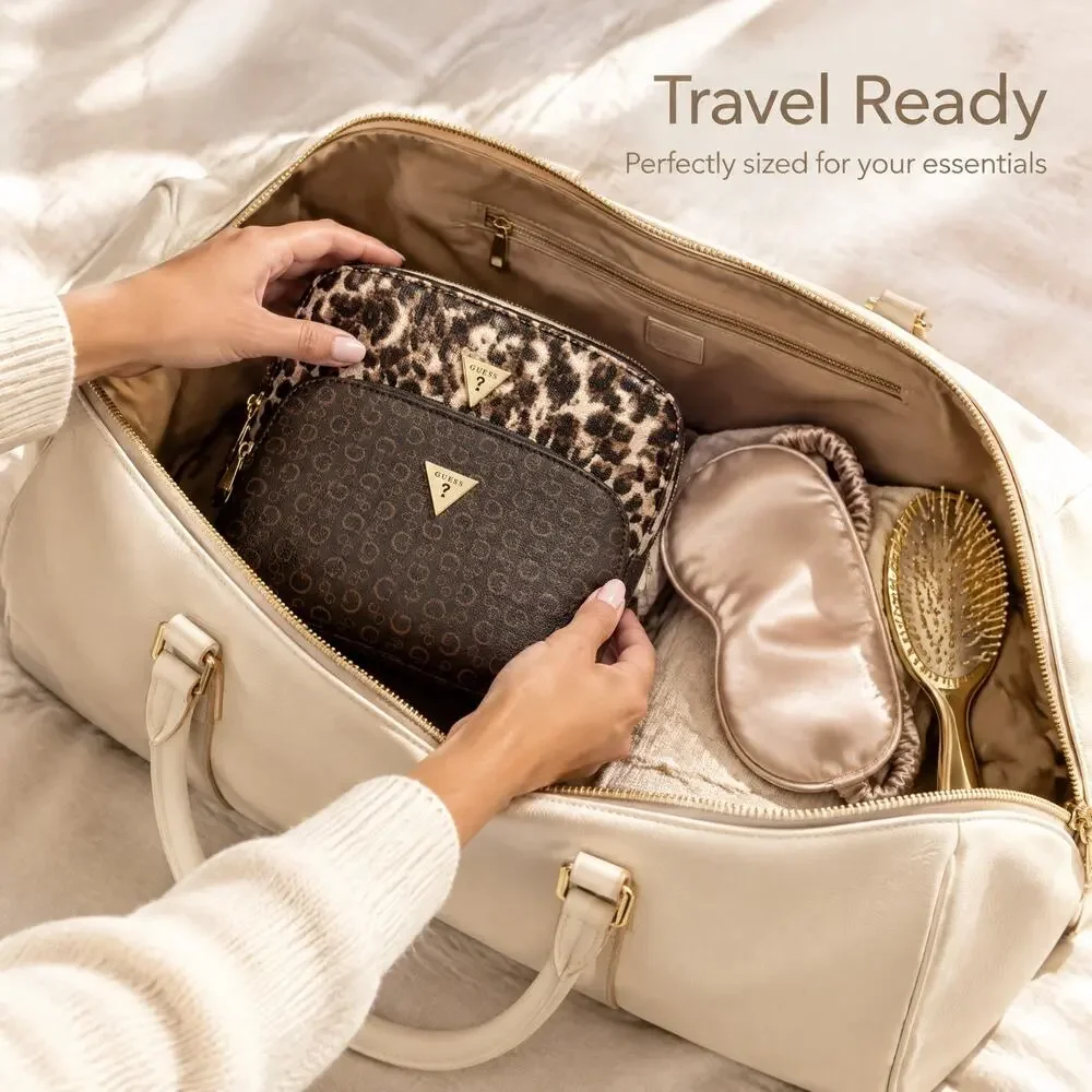 GUESS Travel Cosmetic Makeup Bag Brown Monogram Leopard Print Pouch
